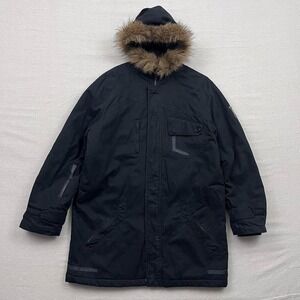 Y2K Lost Fur Trim Hooded Parka Jacket Full Zip Black Quilted and Faux Fur Lined‎